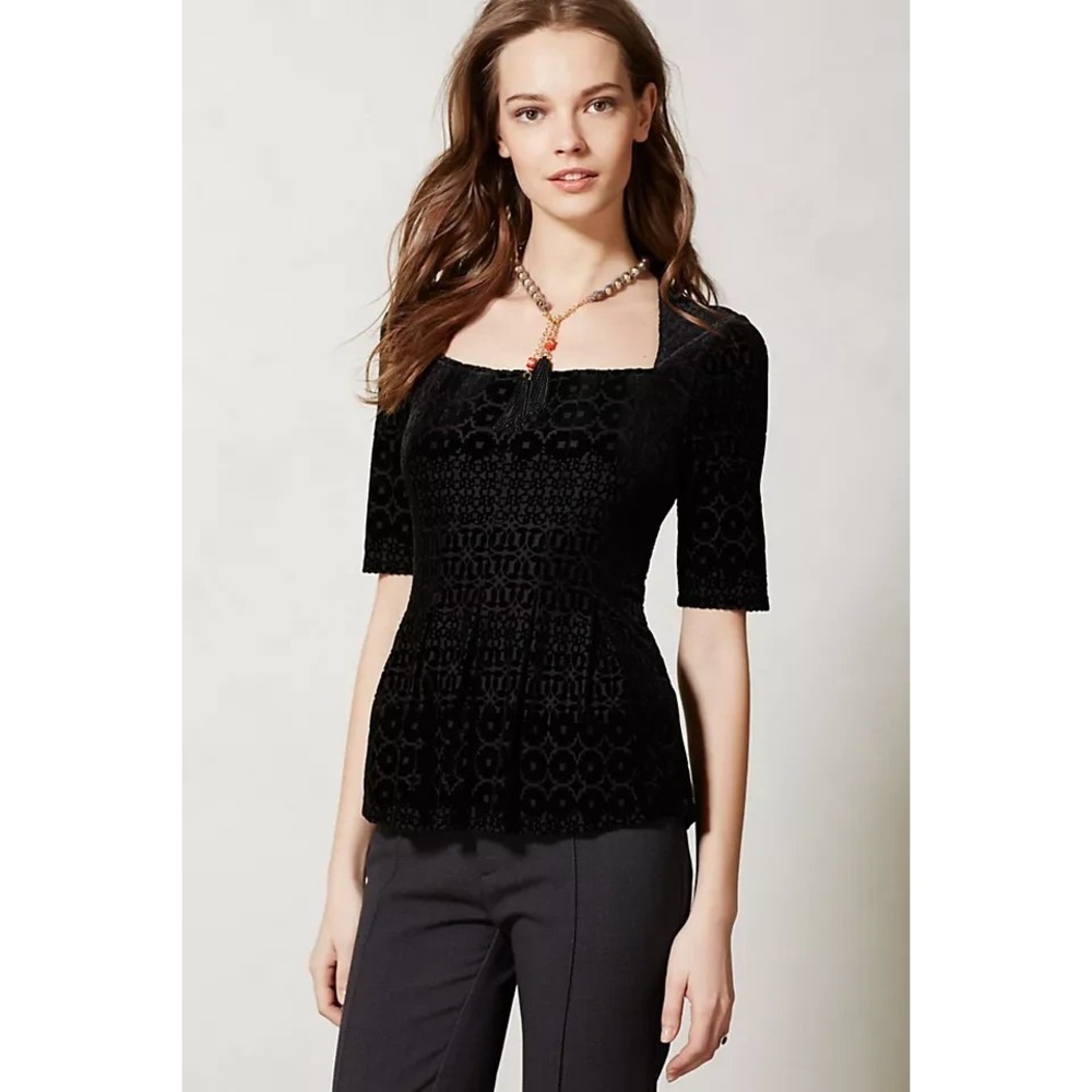 Anthropologie Meadow Rue Continental Peplum Top S Black Velvet Square Neck Witch
